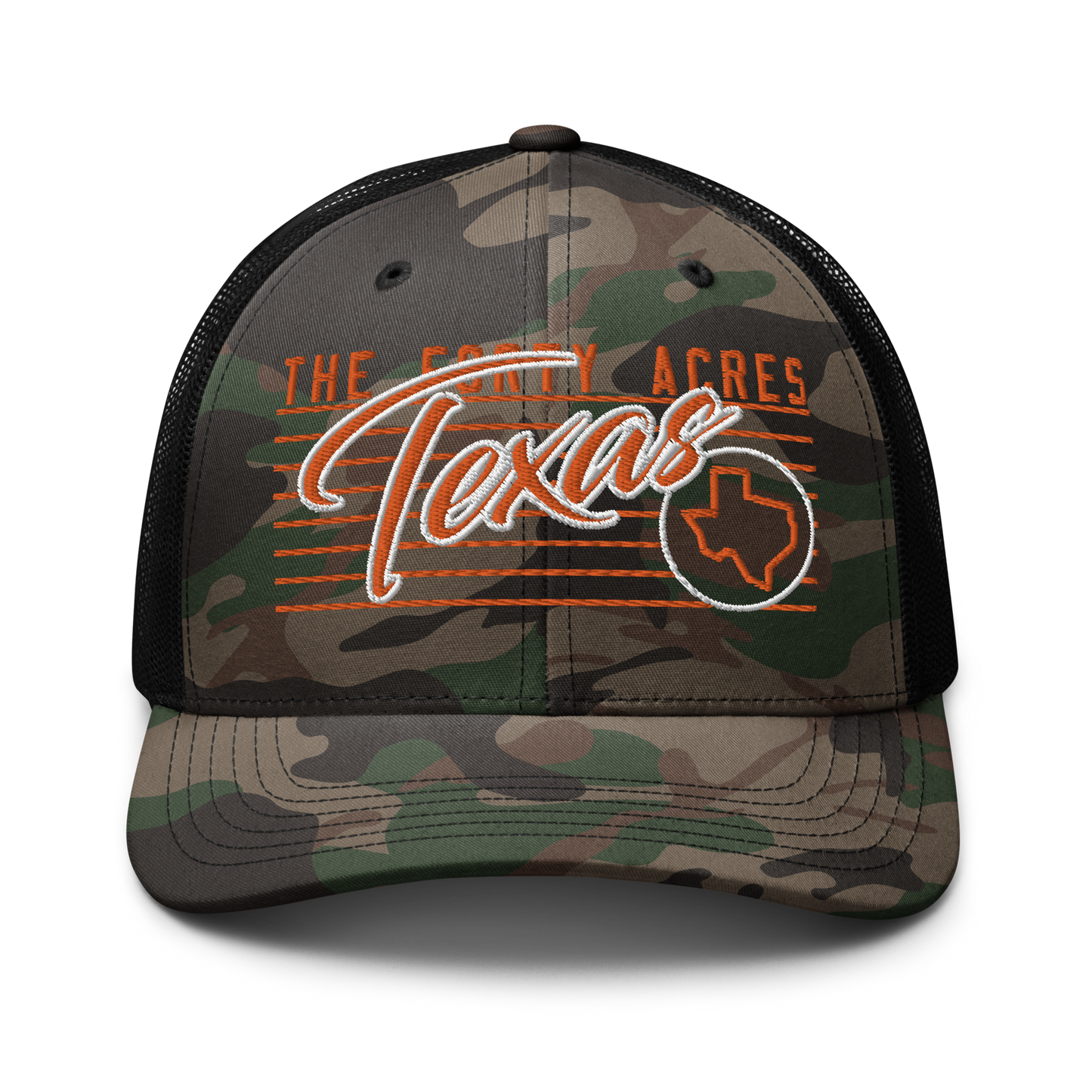 THE FORTY ACRES CAMO TRUCKER CAP