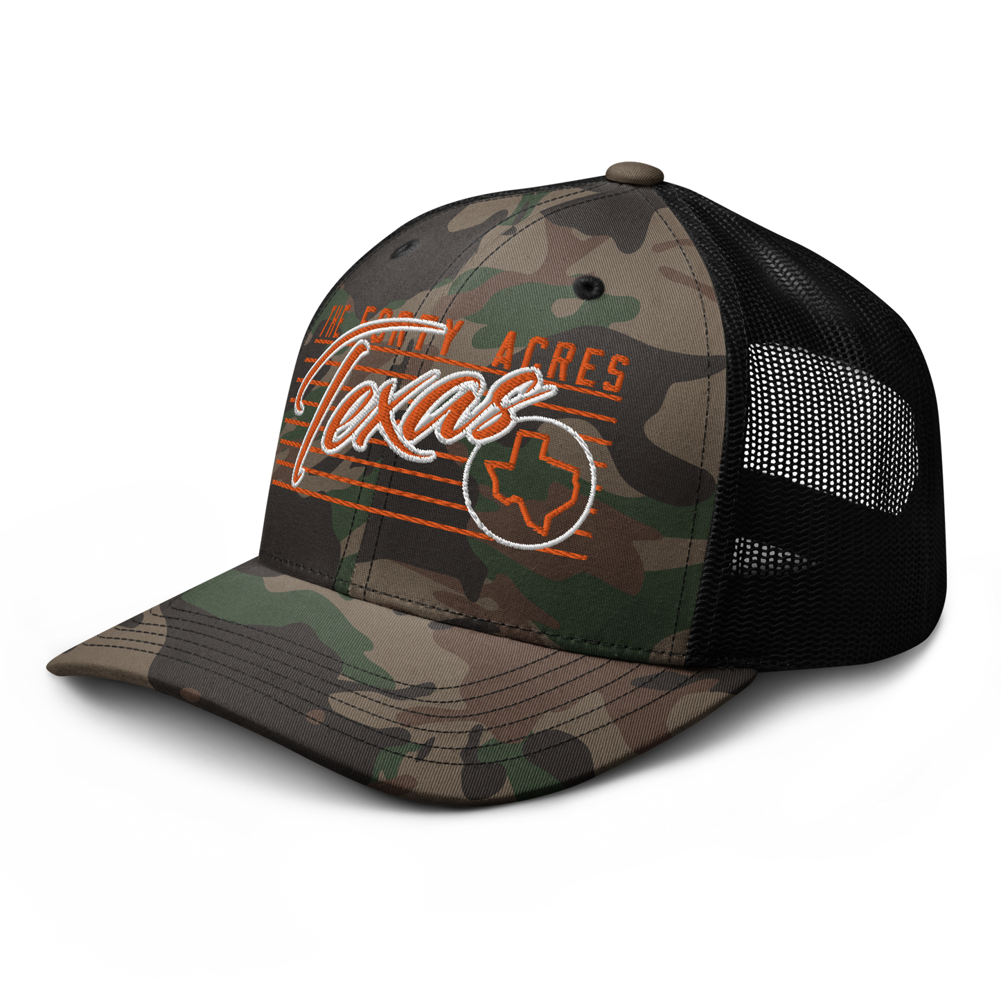 THE FORTY ACRES CAMO TRUCKER CAP