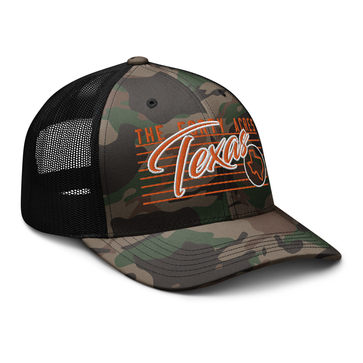 THE FORTY ACRES CAMO TRUCKER CAP